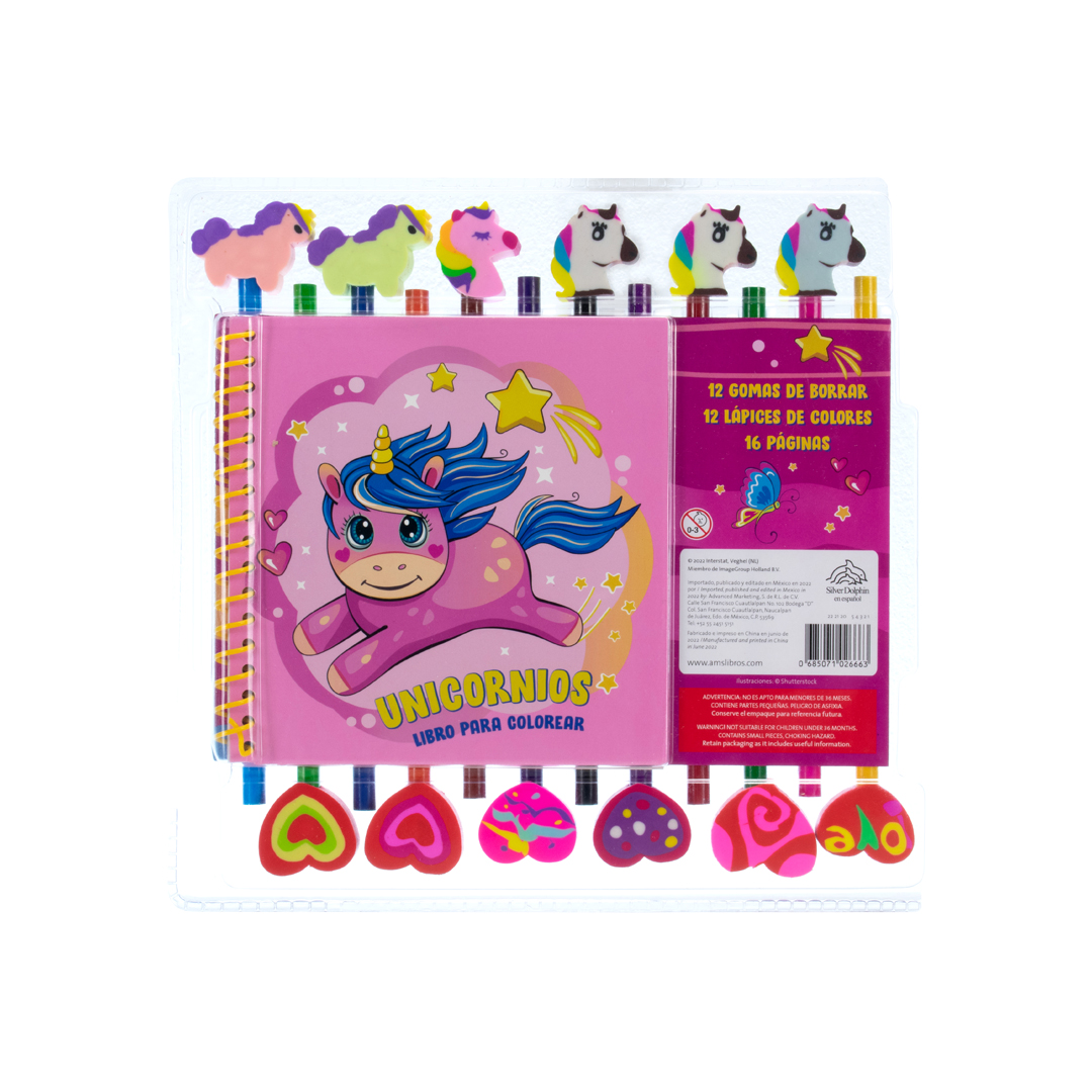 Libro para colorear Unicornios con 12 lápices 12 gomas - 0685071026663-2