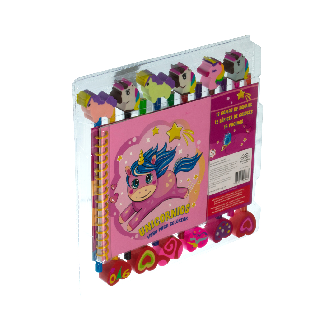 Libro para colorear Unicornios con 12 lápices 12 gomas - 0685071026663