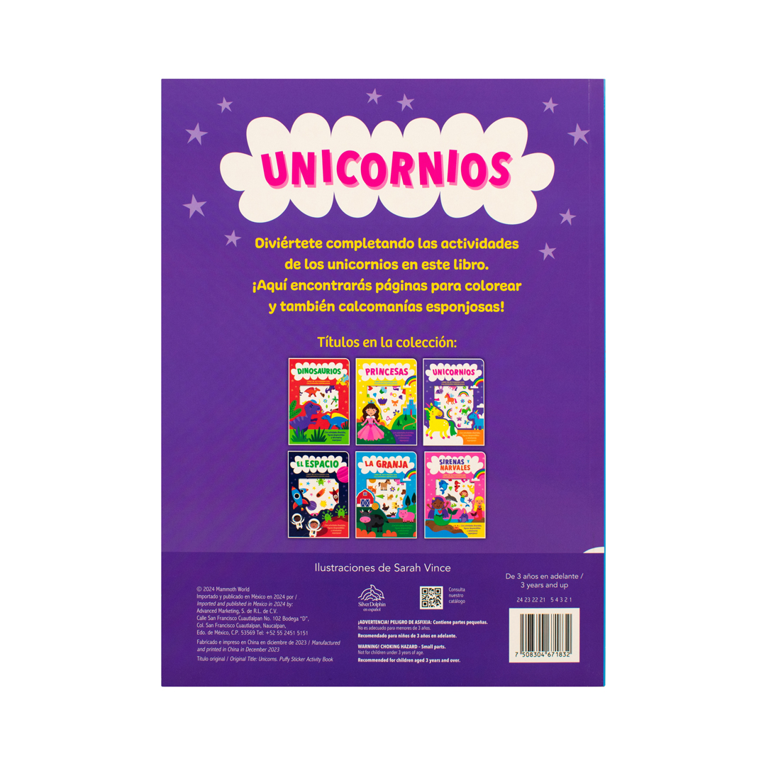 Libro infantil de actividades con calcomanías esponjosas Unicornios -